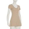 Women Beige V Neck Button Front Short Sleeve Knit Bodycon Mini Dress