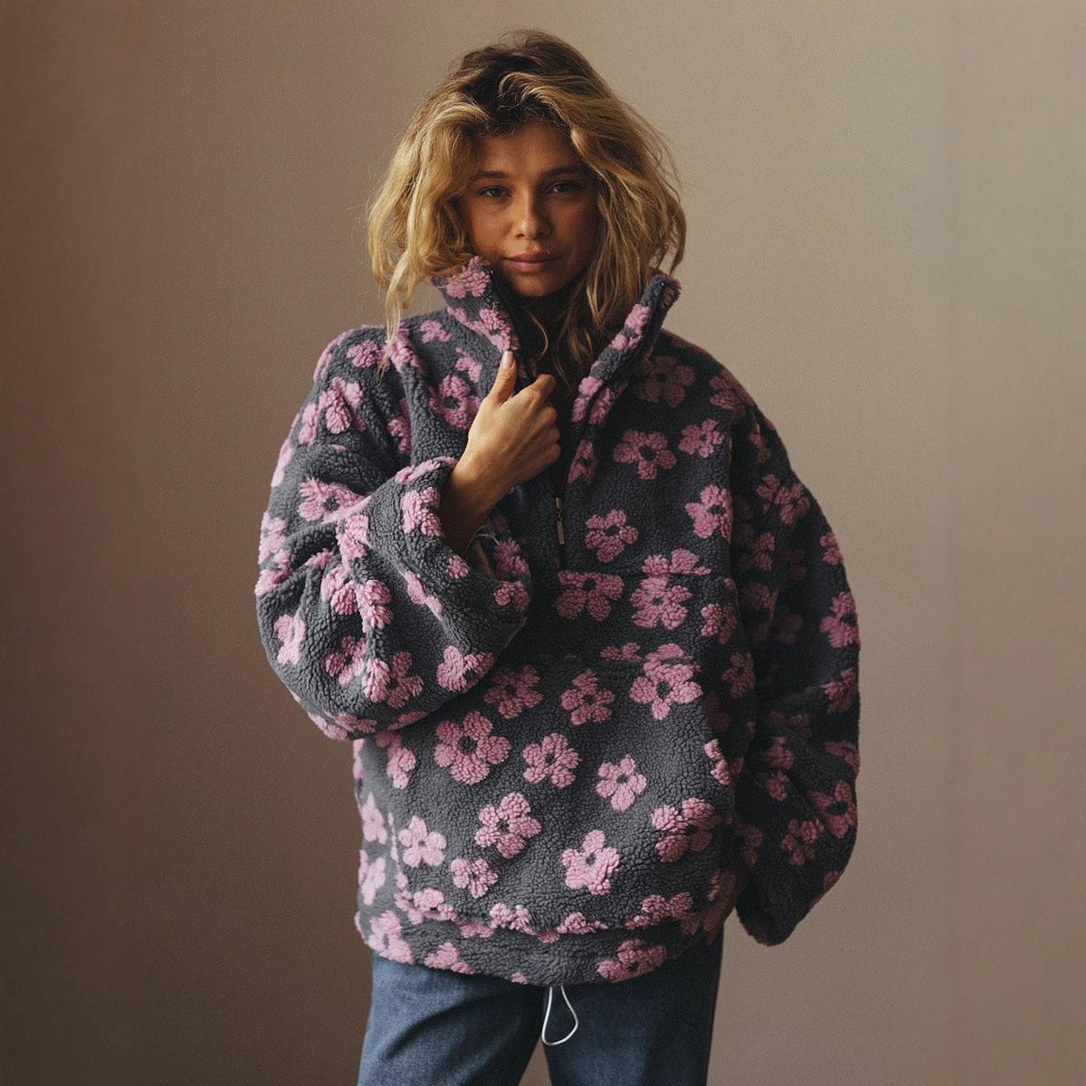 Herbst Winter Damen Sherpa Floral Pullover Hoodies Halber Reißverschluss Stil Locker Geschnitten Warmes Sweatshirt L grau