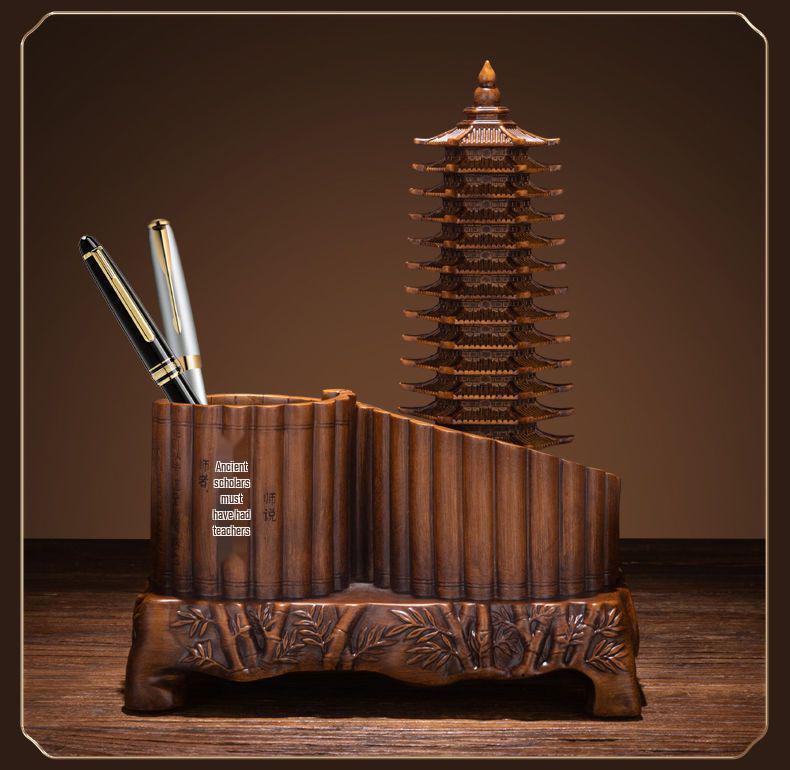 Wenchang Pagoda Pen Holder: Thirteen-Story Wood Grain Craft for Students, Perfect Back-to-School Desktop Ornament
