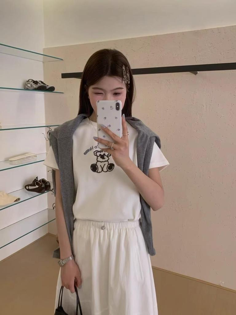 Spring/Summer 2025 Korean Cartoon Bear Embroidered Loose Short Sleeve T-Shirt for Women