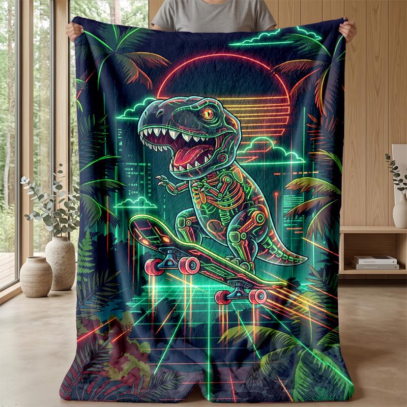 Neon Dino Skateboard Adventure Theme Blanket Lightweight Warm Flannel Blanket Decorative Throw Blanket for Home Decoration