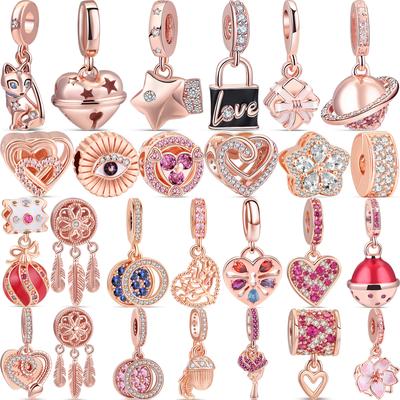 S925 Sterling Silver Flower Feather Shine Star Cat Love Heart Hollow Rose Gold Beads Fit Original  Charms Bracelet Jewelry