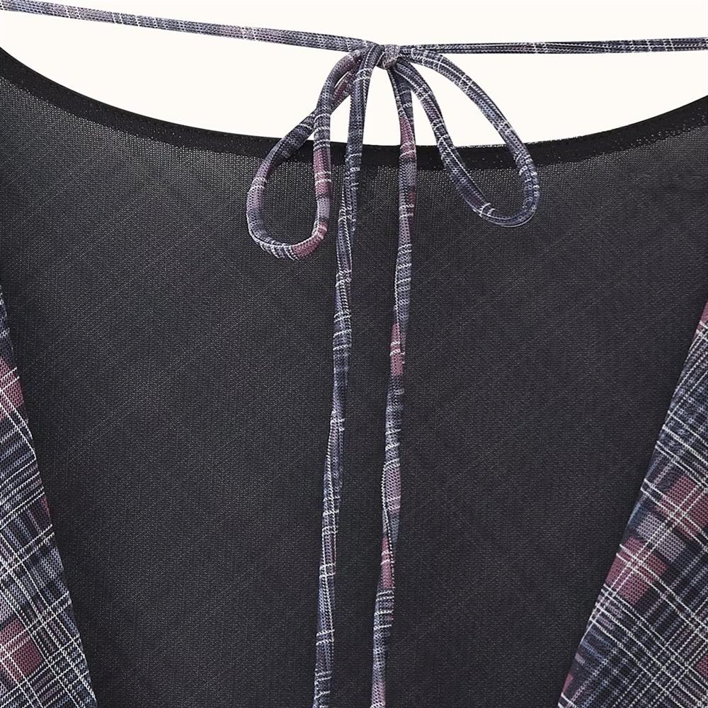 Spring 2025 Women's Slim Casual Plaid Pleated Backless Dress