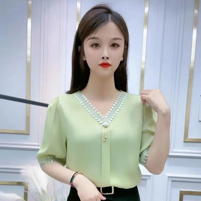 Top la modă cu mâneci scurte de vară, cu cusături din dantelă, cămașă cu fundul de culoare solidă, pulovere cu decolteu în V, bluză M-4XL