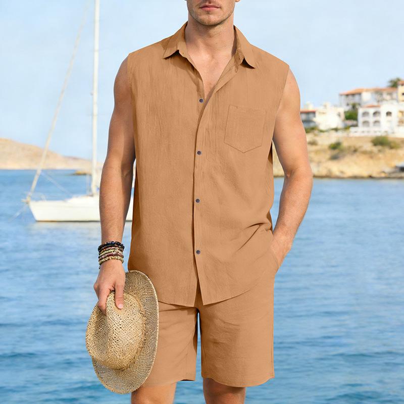 Men's European and American Linen Casual Short-Sleeve Button-Down Shirt & Vest Shorts Set
