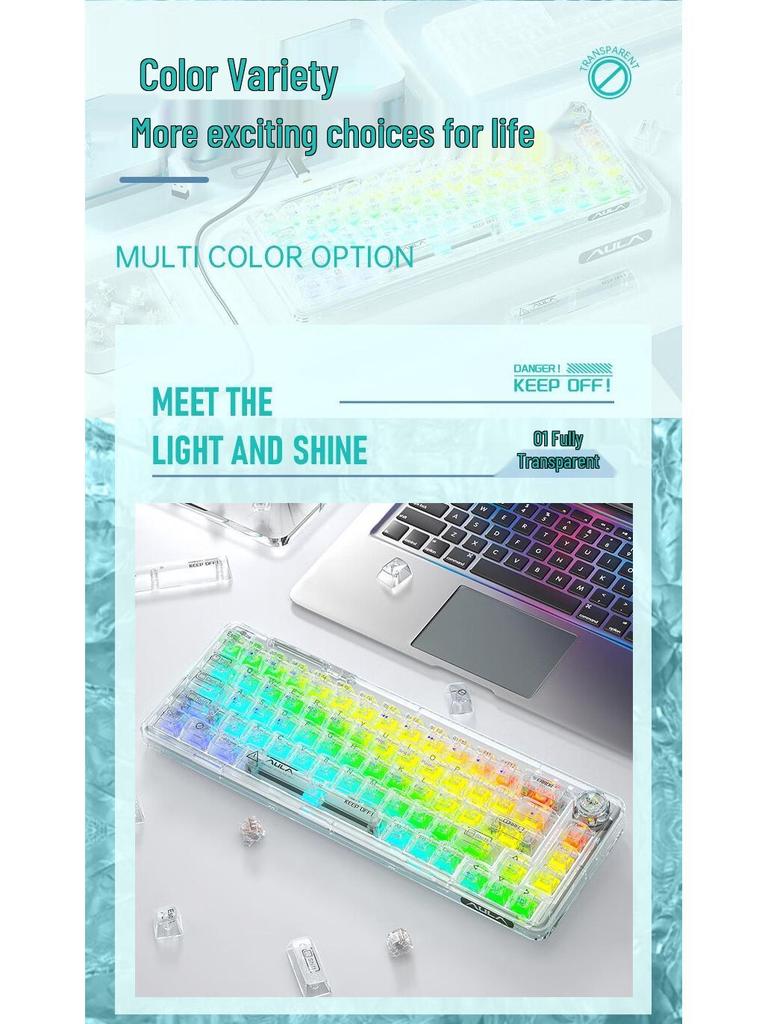 AULA F68 Mechanical Keyboard: Transparent RGB, Bluetooth Wireless, Three-Mode, Custom Hot-Swappable.