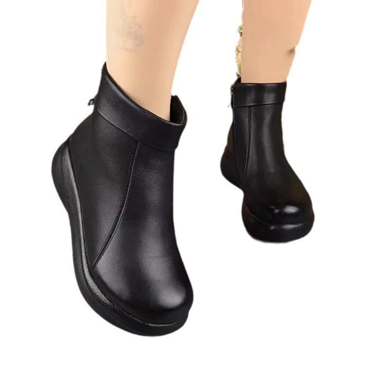 Winter New Soft Leather Wool Shoes Women's Round Head Muffin Platform Short Boots Velvet Warm Mother Cotton Shoes Non-slip Women's Shoes