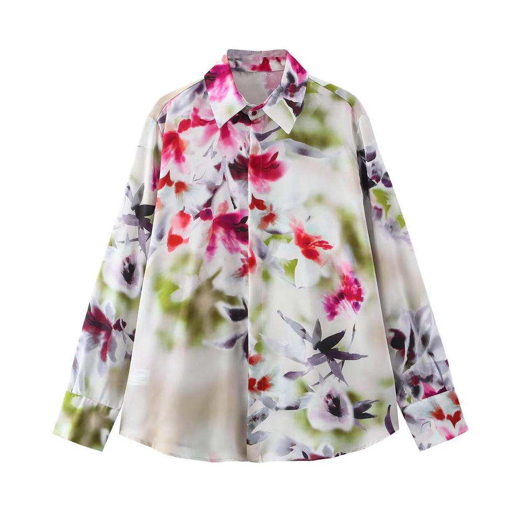 TAOP&ZA Women's Floral Satin Long Sleeve Shirt - Spring/Summer Collection
