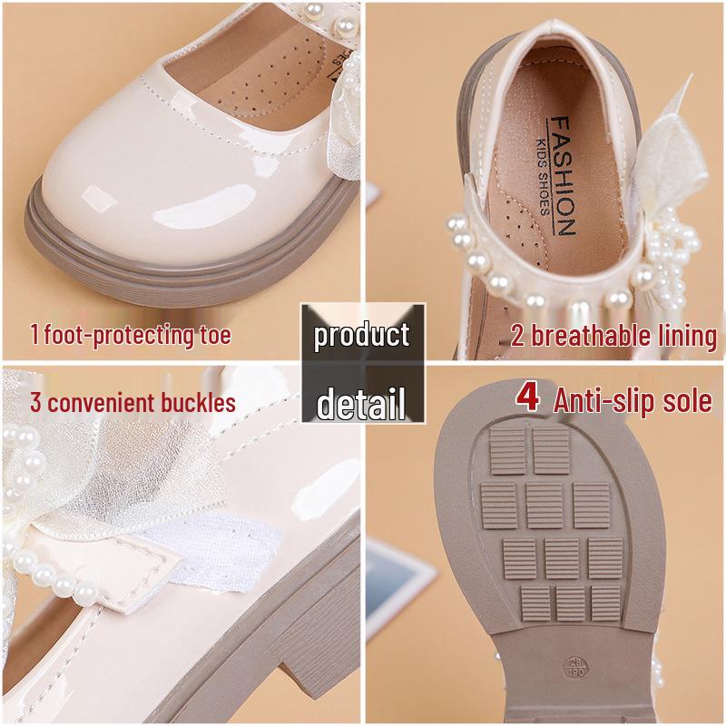 Girls' Pearl Bow Princess Shoes - Spring/Autumn Fashionable Leather, Korean & British Style, Casual & Performance Wear