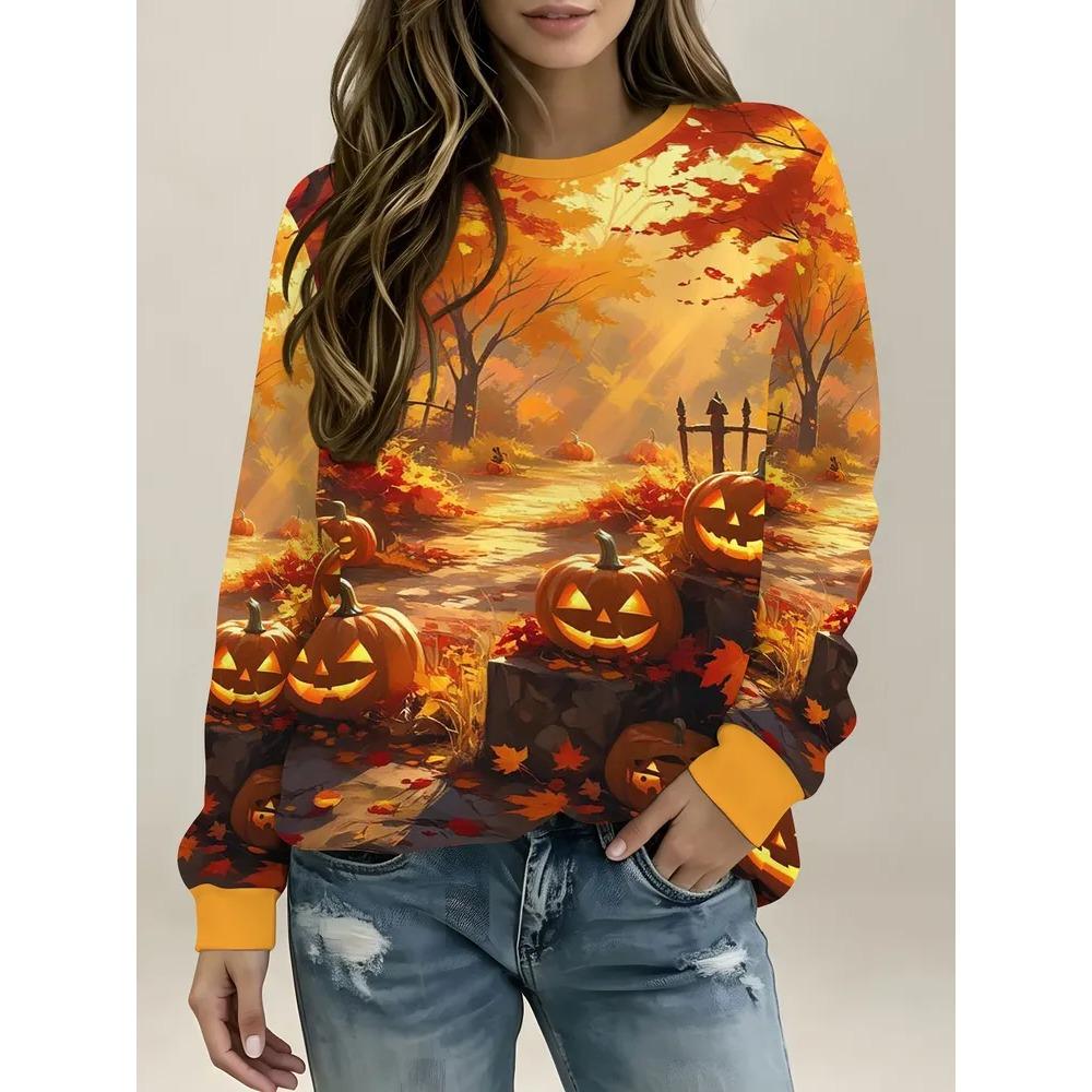 Autumn Winter Comfortable Fashionable Fun Christma Halloween 3d Printed Round Neck Long Sleeve Pullovers Casual Sports Versatile Loose Pullovers