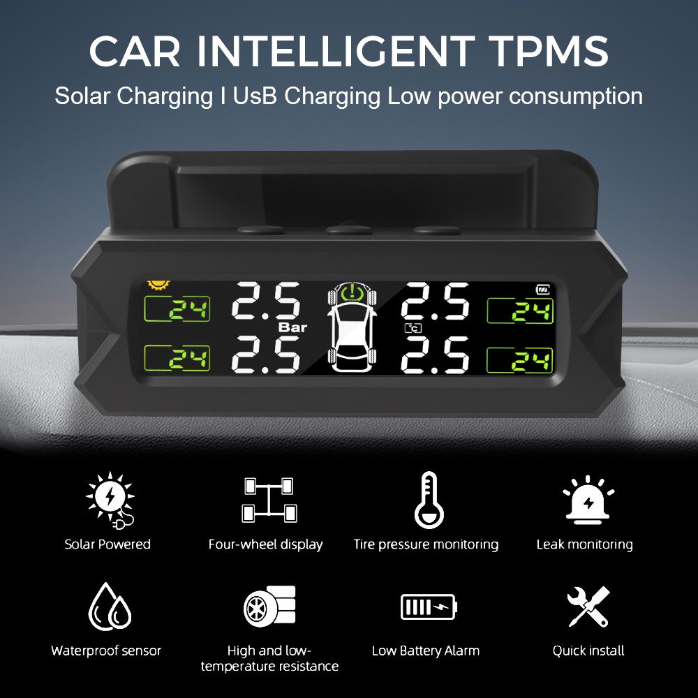 Reifendrucksensor Reifendruckkontrollsystem Solarenergie Auto Sicherheitsalarm Auto TPMS Temperaturwarnung 4 Interne Externe Sensoren