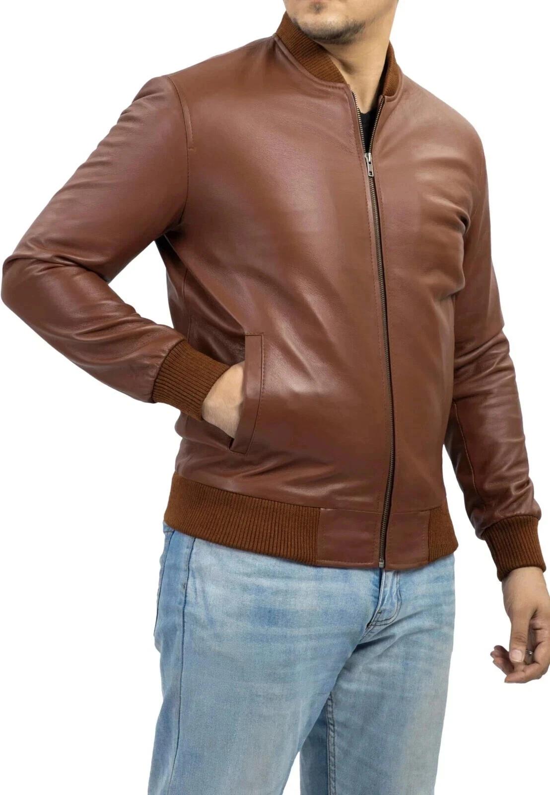 

Модная мужская куртка-бомбер ручной работы из стильной коричневой натуральной овчины, байкерская куртка 3XL коричневый