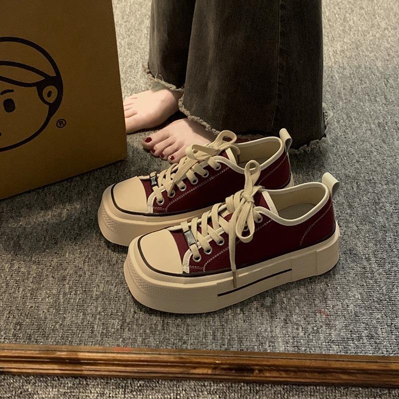 

European square head platform canvas shoes women s spring and summer new low-top lace-up heightening versatile casual board shoes women 88 stock shoes