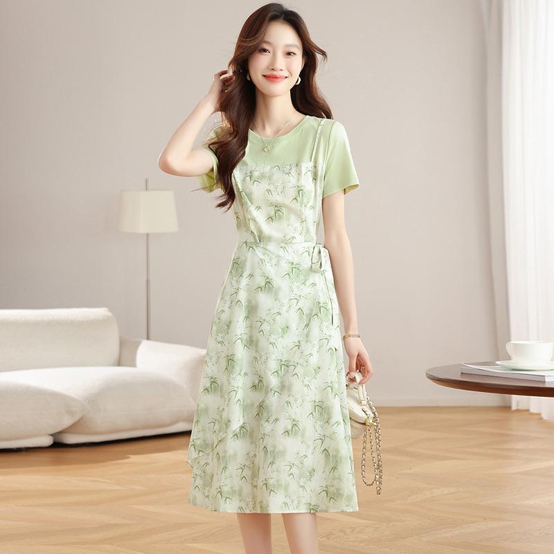 Mint Mambo Green Floral Two-Piece French Style Slim Waist Summer Dress