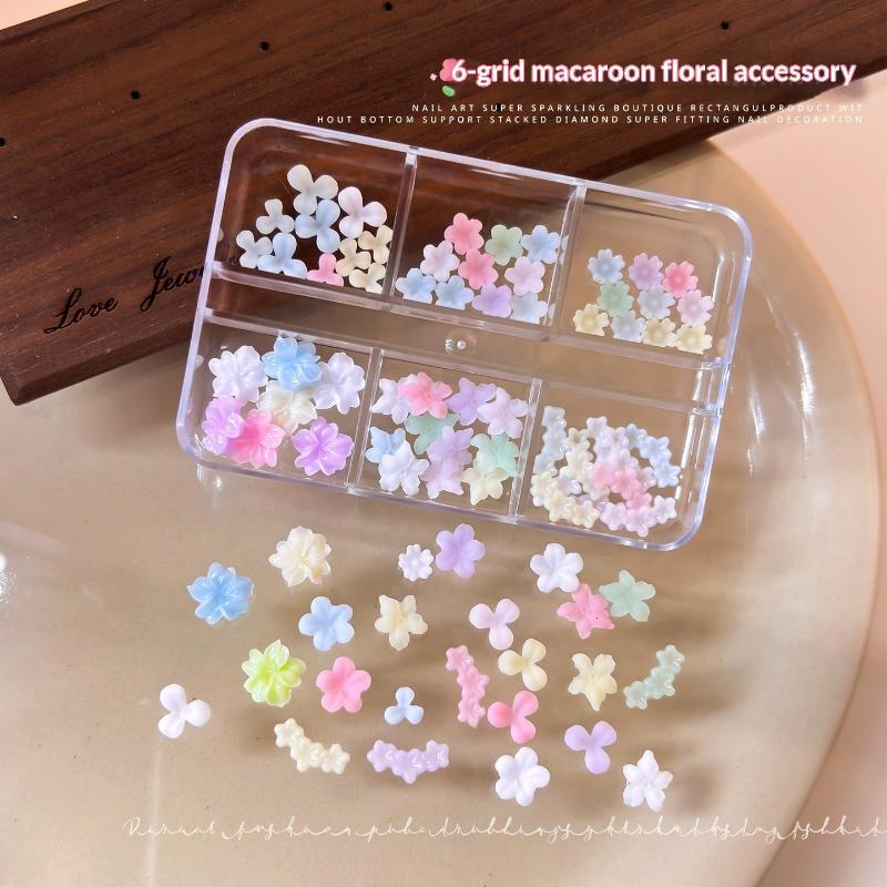 Cute 3D Pastel Macaron Flower Nail Art Charms With 6 Grid Storage Box Perfect For Diy Nail Design Home Salon Use