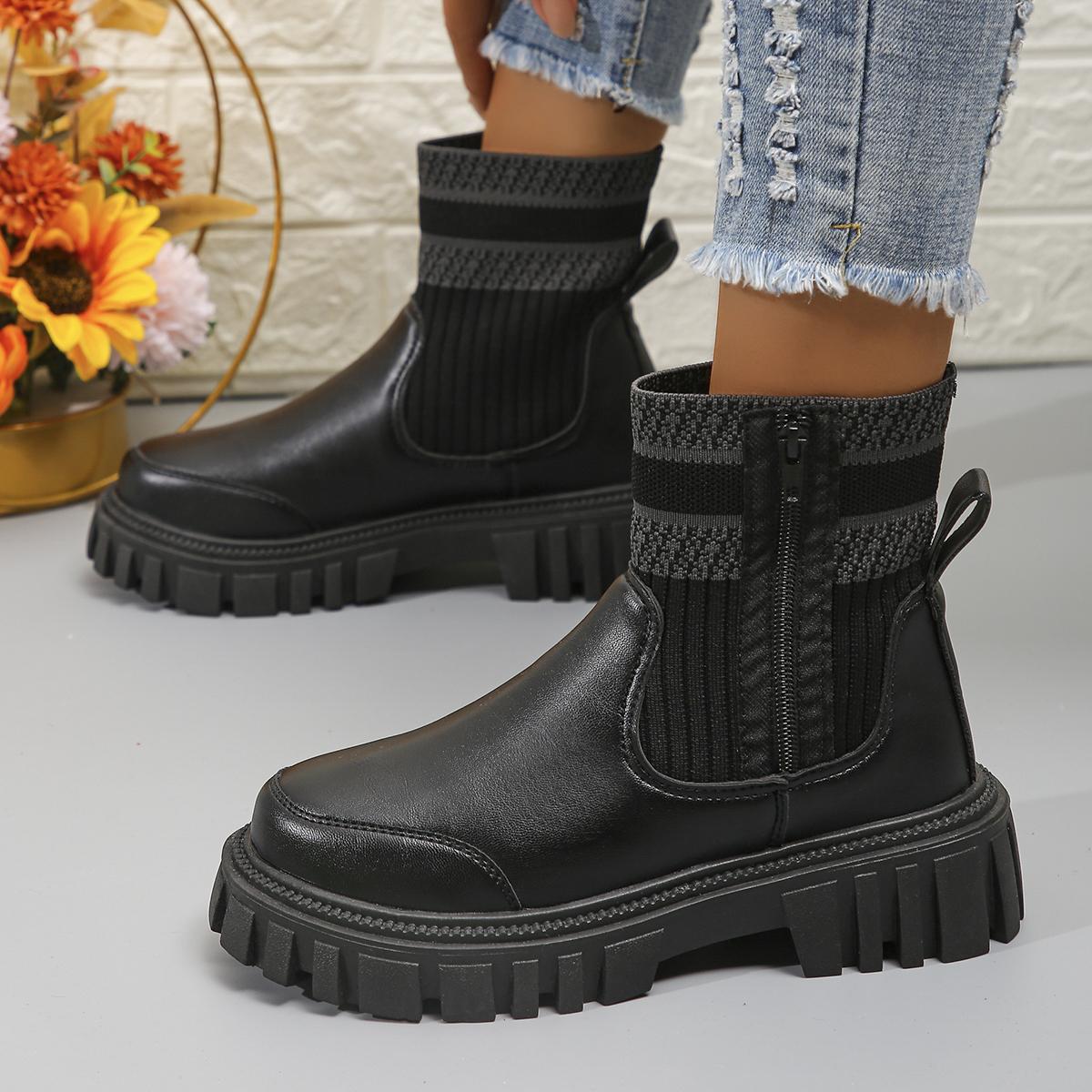 

fashion Chunky Platform Chelsea Boots for Women 2024 New Fashion Striped Knitted Ankle Boots Female Plus Size Autumn Winter Botas Mujer 36 чорний