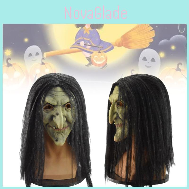 Klassische böse Hexen-Latexmaske für Halloween-Party-Kostüme mit gruseligen schwarzen Haaren