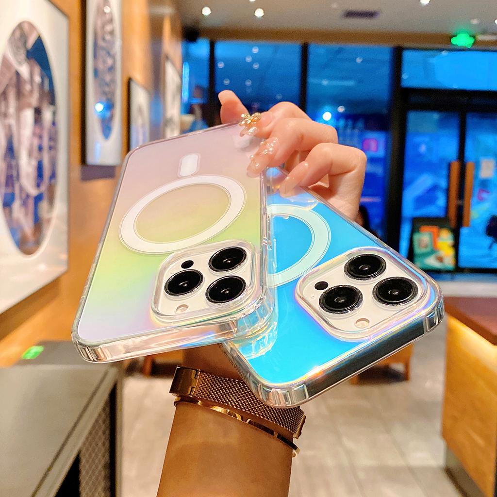 Wireless Charge for iPhone 15 14 13 12 11 Pro Max Plus Case Magnetic for Magsafe Crystal Gradual Color Clear Soft Cover Shell