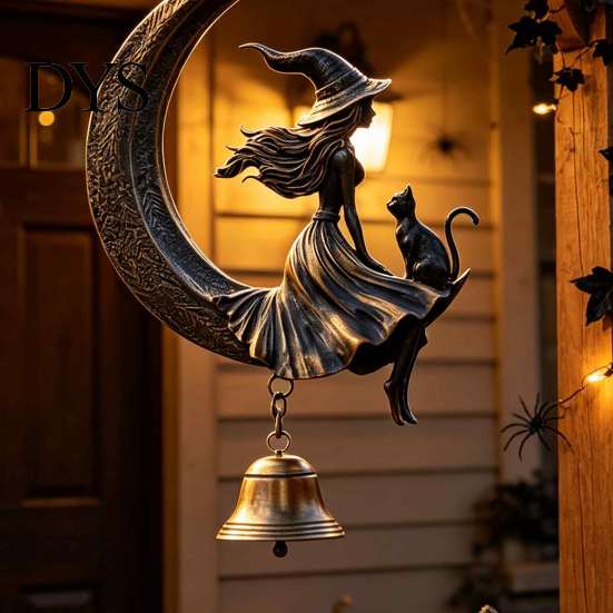 Halloween Witch Wind Chimes And Black Cat Moon Chime, Vintage On Crescent Festive Haunted House Accessories Hanging Bell, Gothic Ornament for