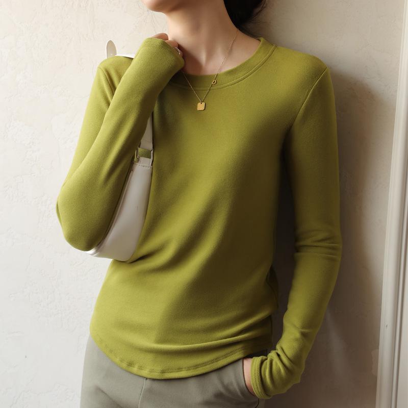 2024 Korean Style Women's Slim Round Neck Velvet T-Shirt, Thick Long-Sleeve for Autumn/Winter