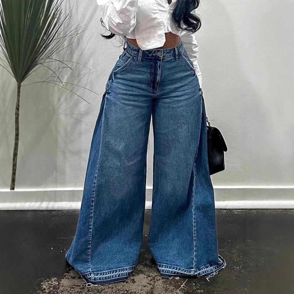 Women's Mid Rise Side Panel Flare Jeans Loose Fit Y2K Raw Hem Wide Leg Denim Trousers