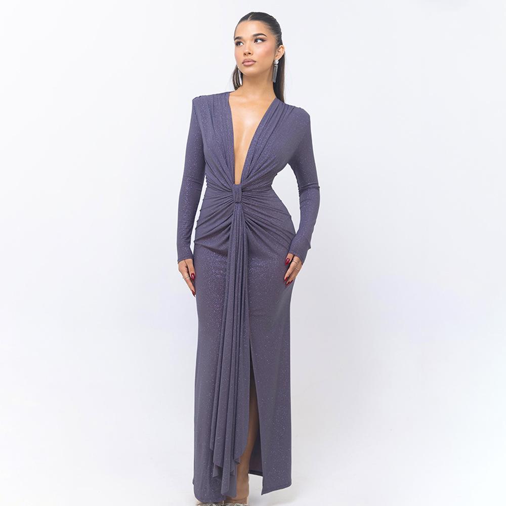 Long Sleeve Ruched Sexy Maxi Dress For Women Gown Fashion Skew Collar Draped Thigh High Split Club Long Dress