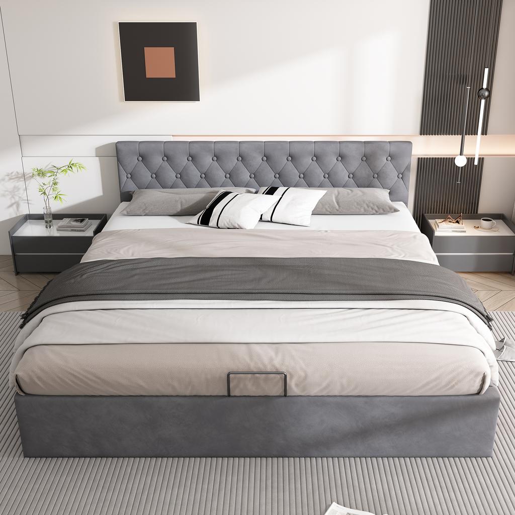 Velvet Upholstered Bed, 180*200cm, Buttoned Headboard, Double Bed, Hydraulic Bed with Storage, Slatted Frame, Gray[OLD SKU:29775960AAH]