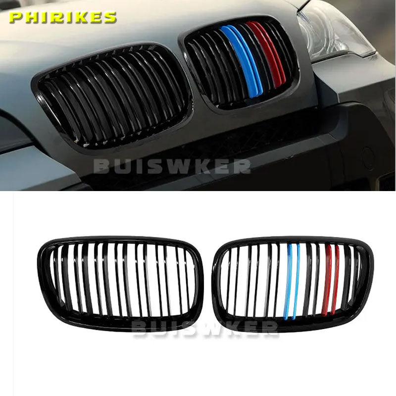 For BMW X5 X6 E70 E71 Gloss Black Car Bumper Kidney Grille Front Grill Double Slat Grilles 2008-2013 Auto Glossy Racing Grills