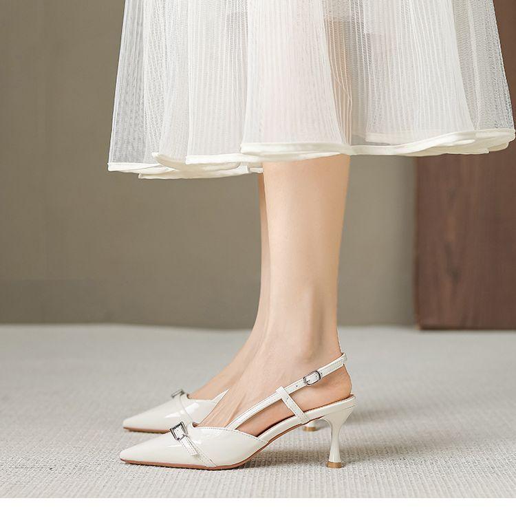 Small size 313233 back hollow toe high heels sandals spring and summer new French pumps black pointed toe shoes