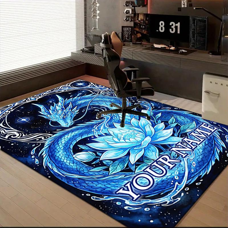1PC Custom Name Blue Dragon Lotus Fantasy Theme Floor Mat Ideal for Living Room, Game Rooms, Office, Bedroom,Floor Mat Playful Design