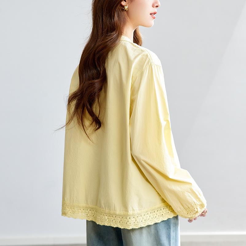 Goose Yellow Blouse for Women Long-sleeved Summer Latest Lace Top Relaxed Fit Slimming Blouse