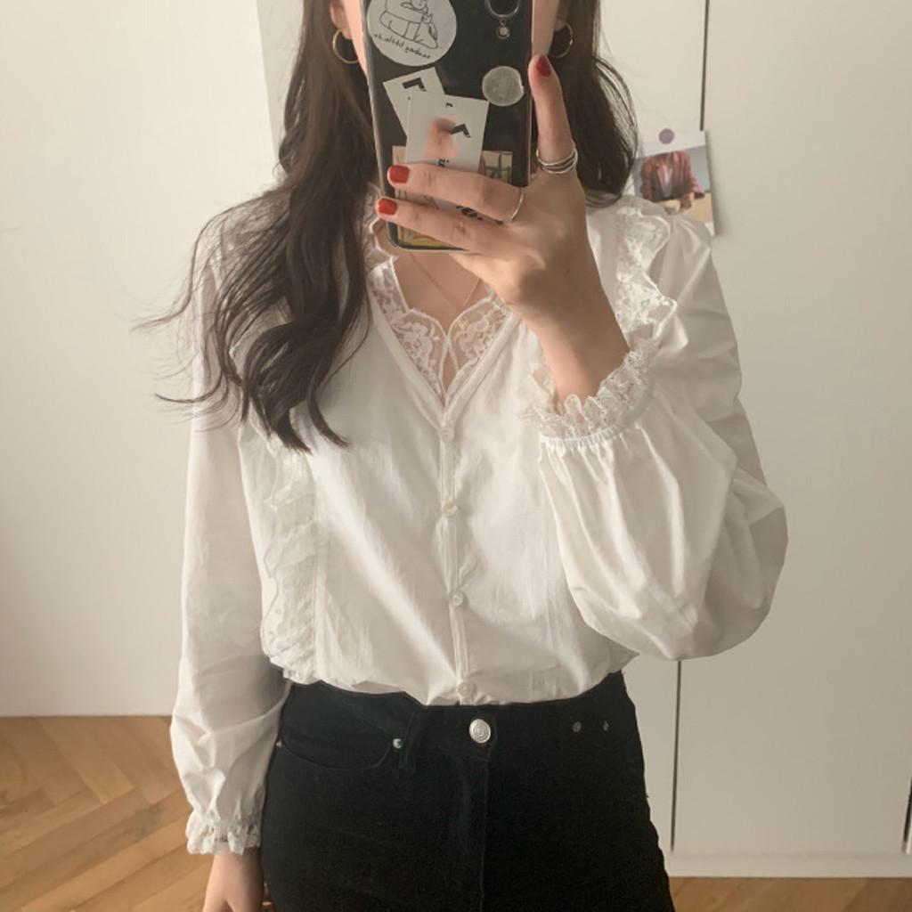 

Fashion Women Long Sleeve Floral Lace V-Neck Casual Tops Ladies Solid Shirts