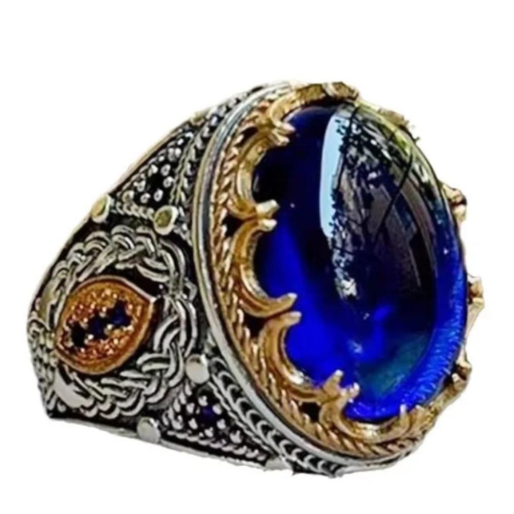 Fashion and popular exquisite craftsman zircon blue Zircon engraving, high-end retro men's ring Zircon