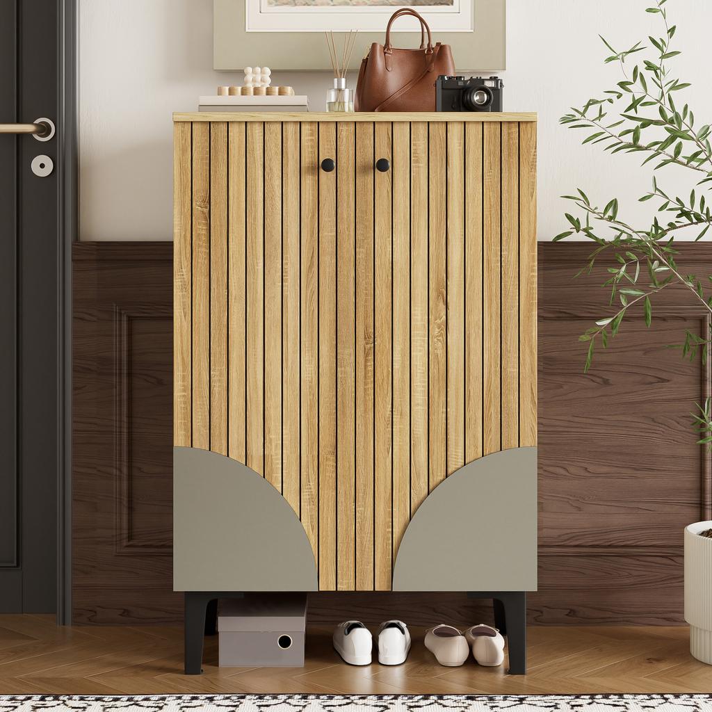 Modern Wooden Shoe Cabinet with Doors – Space-Saving Shoe Organizer with Shelf Compartments, Storage & Black PVC Frame, Elegant Design for Hallway