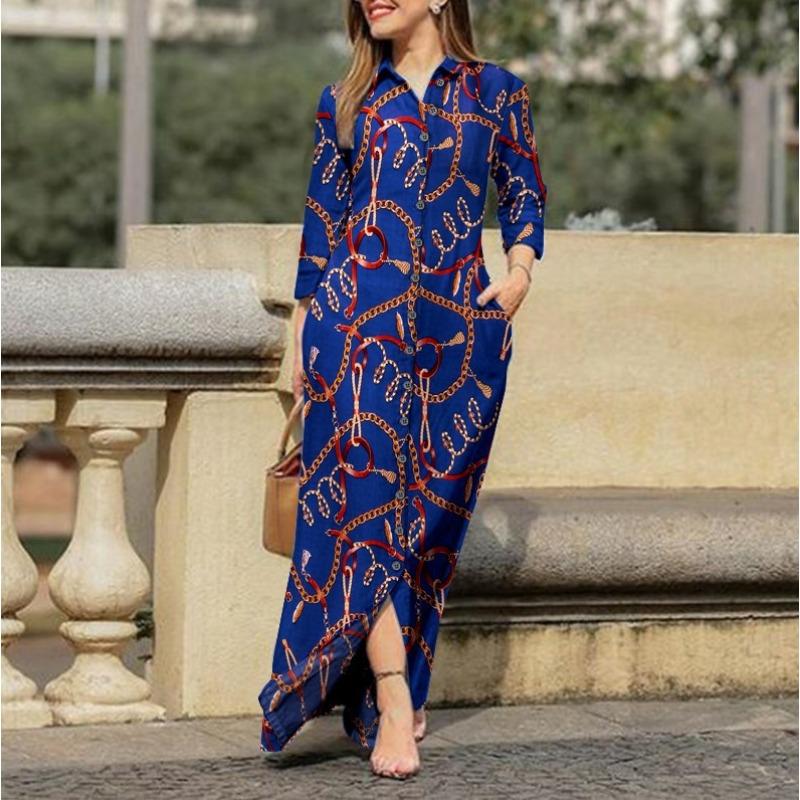 GMXIA Moda damska Lato Wiosna Jednolity kolor Drukuj Z długim rękawem POLO Dekolt Luźne, swobodne sukienki z guzikami