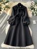 Dámské šaty ve sladkém stylu s mašlí Lucerna s dlouhým rukávem Jednobarevné šaty s vysokým pasem podzim zima 2024 Novinka