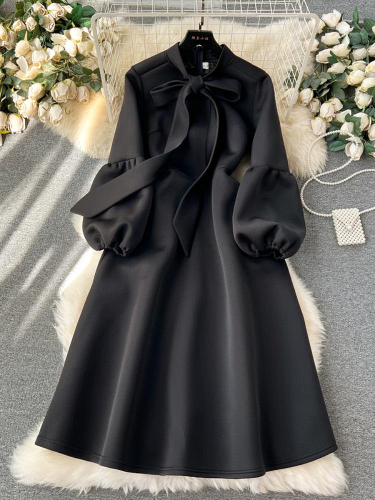 Dámské šaty ve sladkém stylu s mašlí Lucerna s dlouhým rukávem Jednobarevné šaty s vysokým pasem podzim zima 2024 Novinka