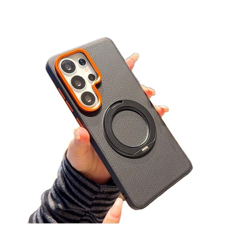 Samsung S26 Ultra Leather Texture Magnetic Stand Case - Color Block, Anti-Fall, Rotating Cover