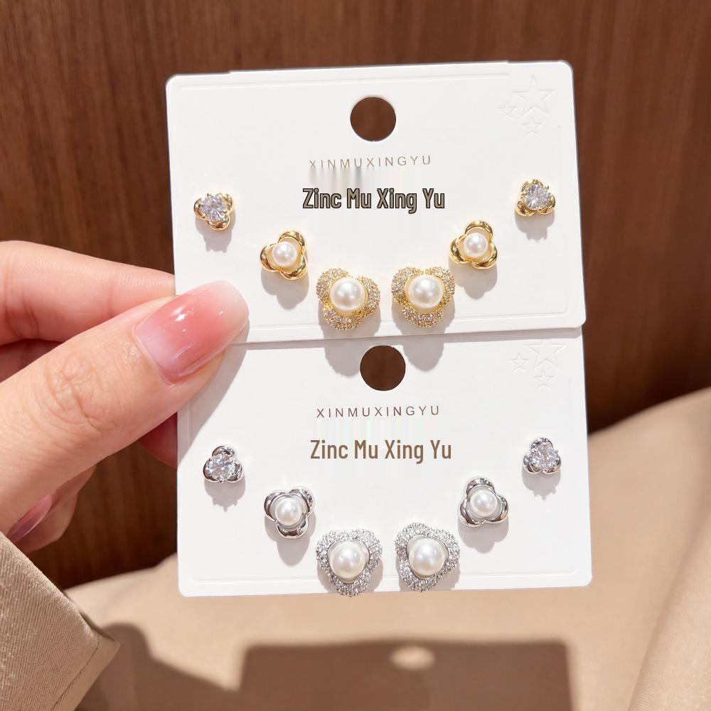 High-Quality Copper-Plated Gold Triangle Stud Earrings with Imitation Pearls - Set of Three Fashionable Pairs