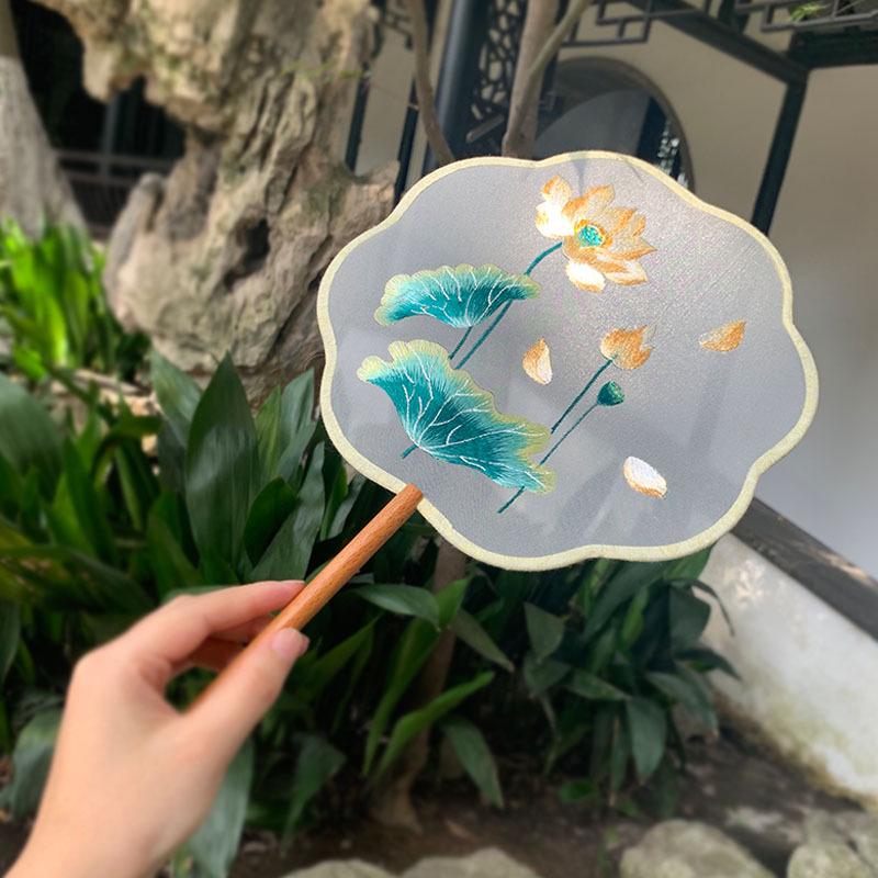 Lingjuan Palace Double-Sided Embroidered Lotus Fan: Beechwood Handle, Classical Chinese Dance Fan