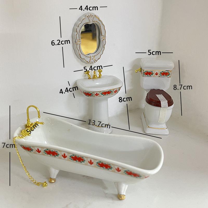 1:12 Scale Miniature Ceramic Bathroom Set - 4-Piece Dollhouse Fixtures