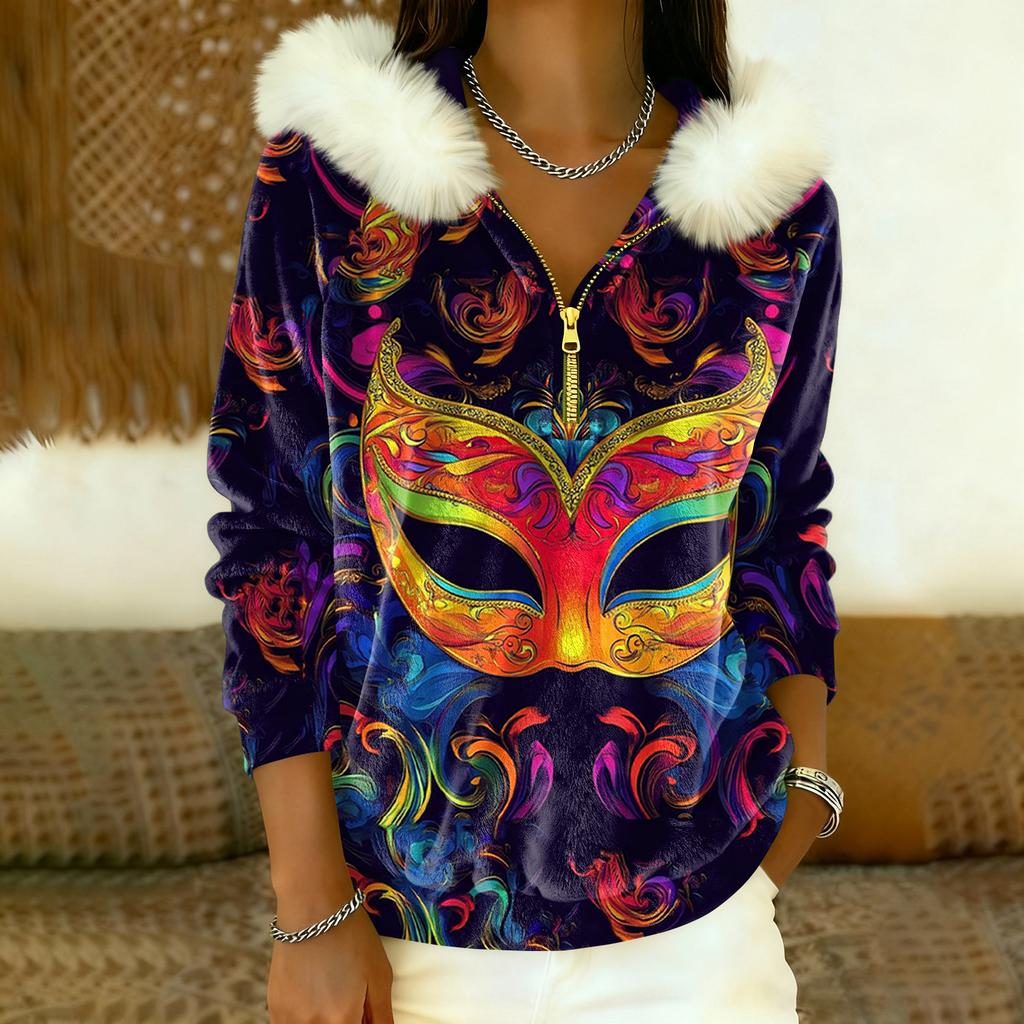 Damen Lockerer Und Bequemer Lässiger Mode Halb-Reißverschluss Kapuzenpullover Langarm Karnevals-Print Oberteil