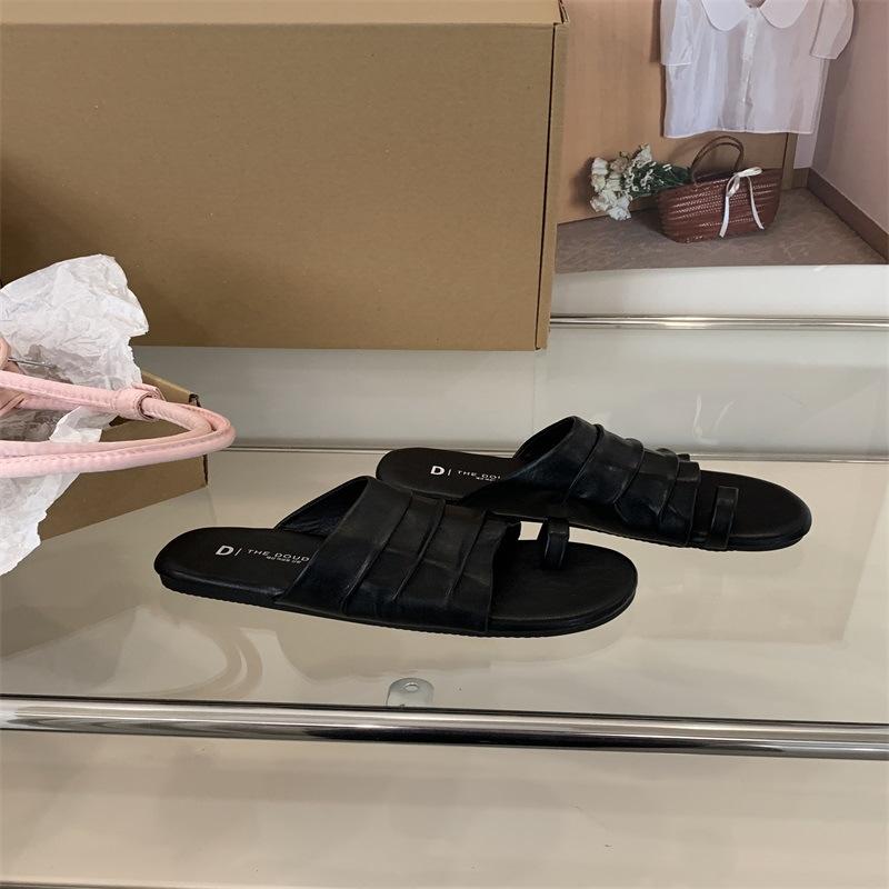 

Spring and summer women s outer wear Roman women s shoes one-word seaside beach sandals design sense niche flat-bottomed pinch slippers 39 чёрный