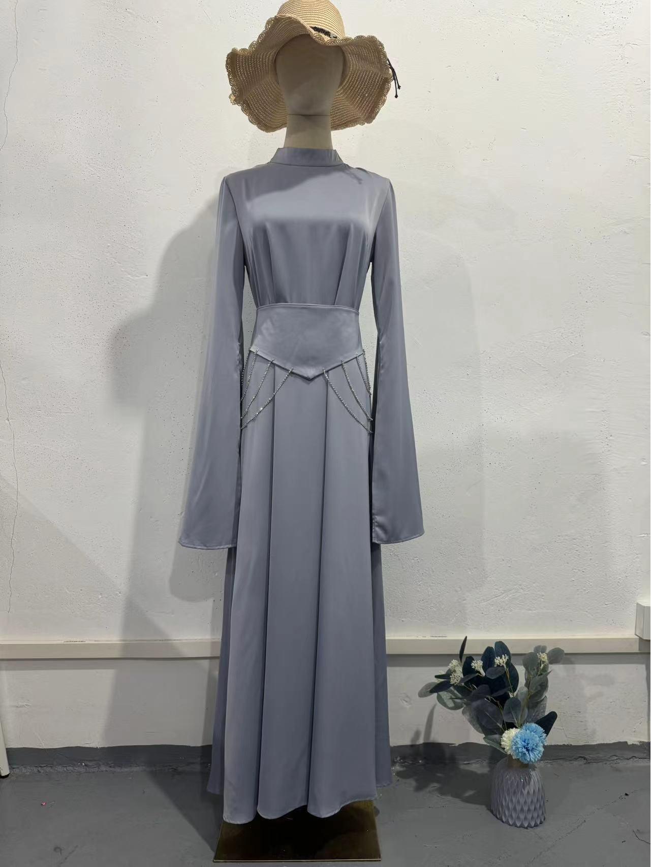 

2024 Elegant Solid Color Waist-Cinching Breathable Summer Long-Sleeved Dress L светло-синий