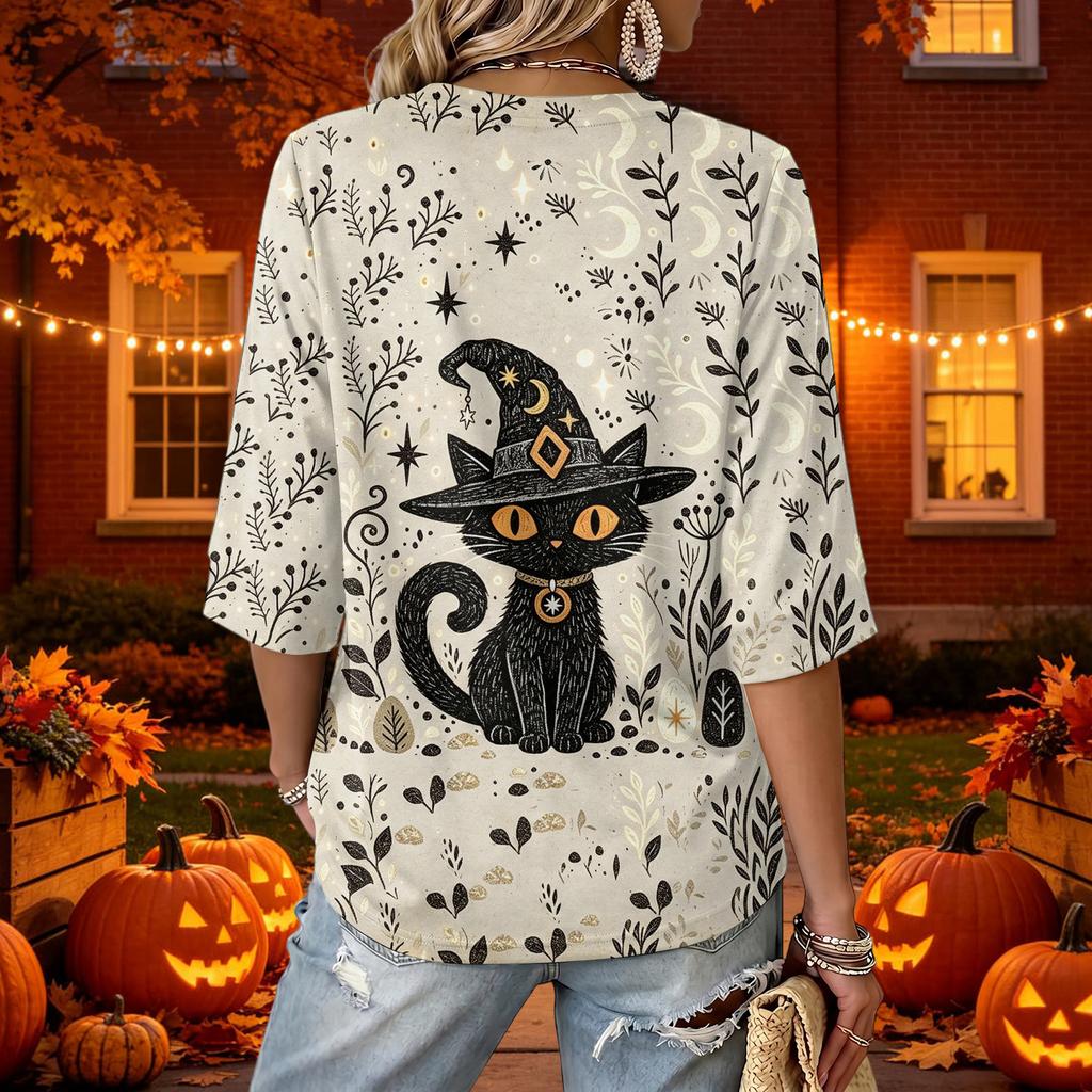 Women's Stylish V-Neck Three-Quarter Sleeve Casual Halloween Print Top