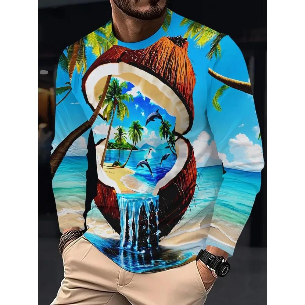 Spring Autumn Fashion Comfortable Loose Soft Casual Versatile Round Neck Long Sleeve T-shirt Creative Fun Animal Geometry 3D Printed Men's T-shirt