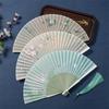 Chinese Style Bamboo Folding Hand Fan Classical Green Lotus Cheongsam Dance Fan Wedding Party Decor Art Craft Chinese Dance Fan