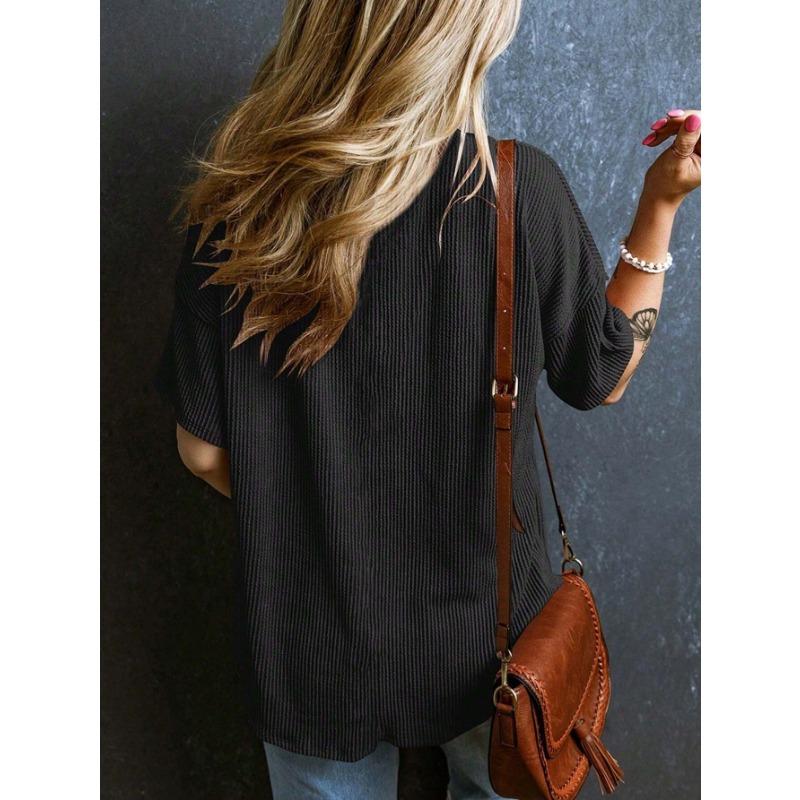 YYFS Women's Fashion Casual Solid Color Print Summer Spring Short Sleeve V-Neck Blouses & Shirts