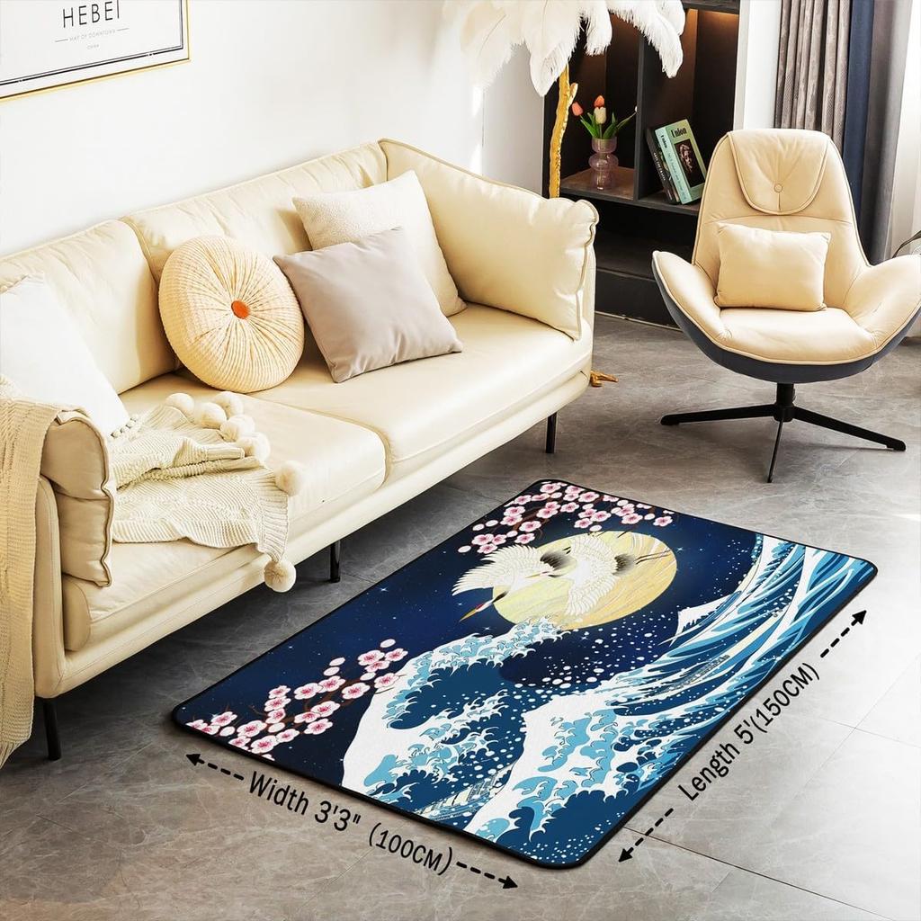 Japanese Ukiyo-e Great Wave Crane & Cherry Blossom Print Area Rug, Non-Slip Floor Mat for Living Room Bedroom Home Decor Carpet