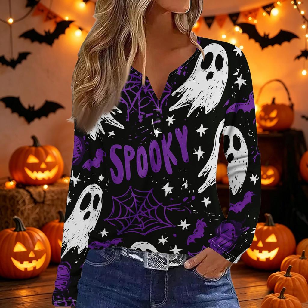 Women's Long Sleeve V Neck T Shirt Halloween Print Button Detail Casual Top Lightweight Soft Fabric Comfortable Fit